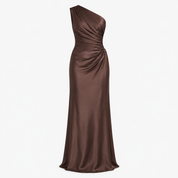Penelope Scott | One-Shoulder Satin Maxi Dress in Chocolate Brown