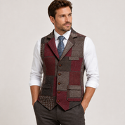 Penelope Shaw | Gilet en tweed patchwork bordeaux et marron
