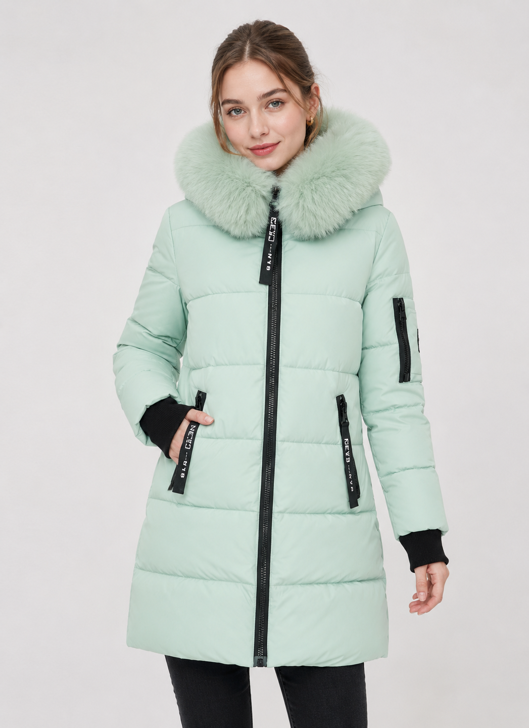 Poppy Edwards | Mint Green Faux Fur Hood Puffer Coat