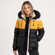 Poppy Evans | Colour Block Puffer Jacket with Faux Fur Hood