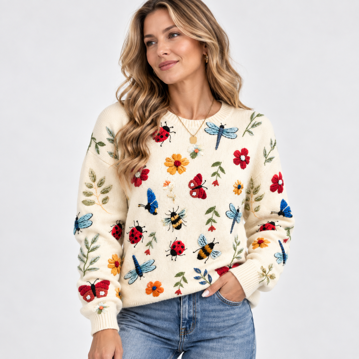 Poppy Robinson | Embroidered Floral Bug Print Knit Sweater