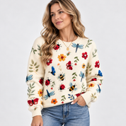 Poppy Robinson | Embroidered Floral Bug Print Knit Sweater
