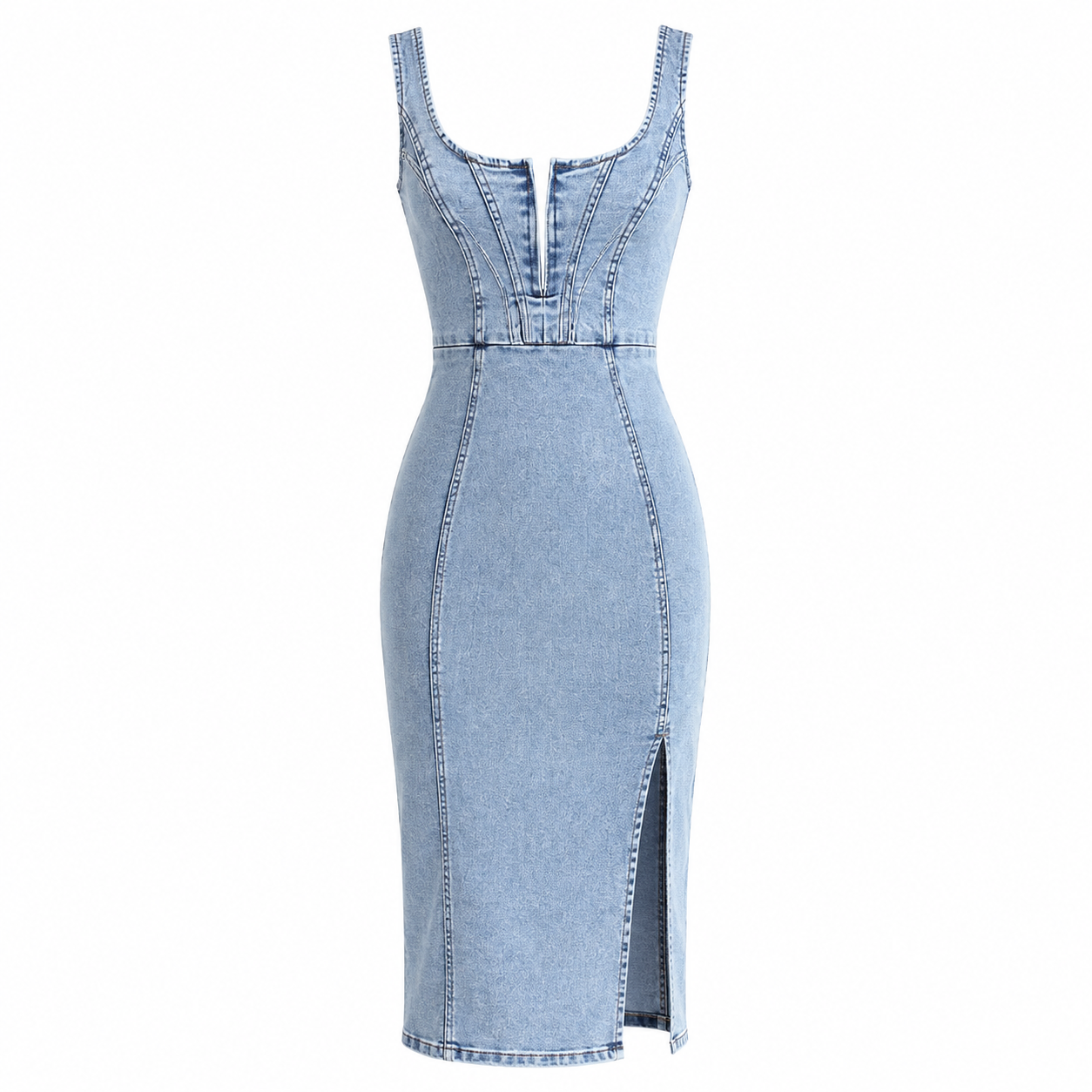 Poppy Sutton | Light Wash Denim Corset Midi Dress with Front Slit