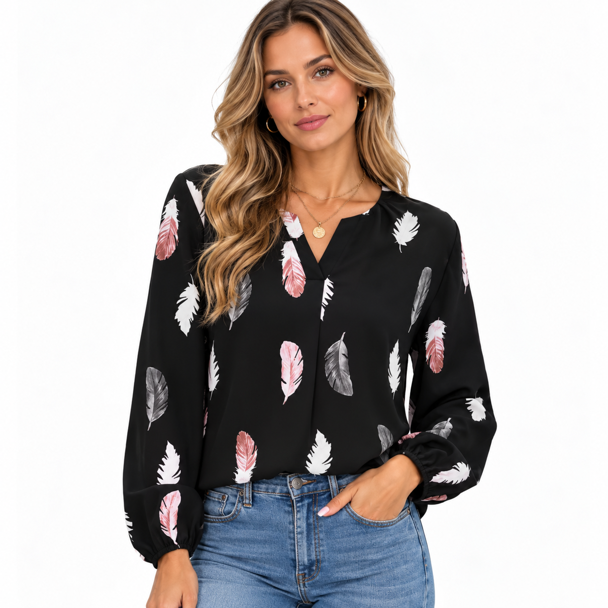 RhiannonBlackwoodFeatherPrintBlouseWithBalloonSleeves-model.png