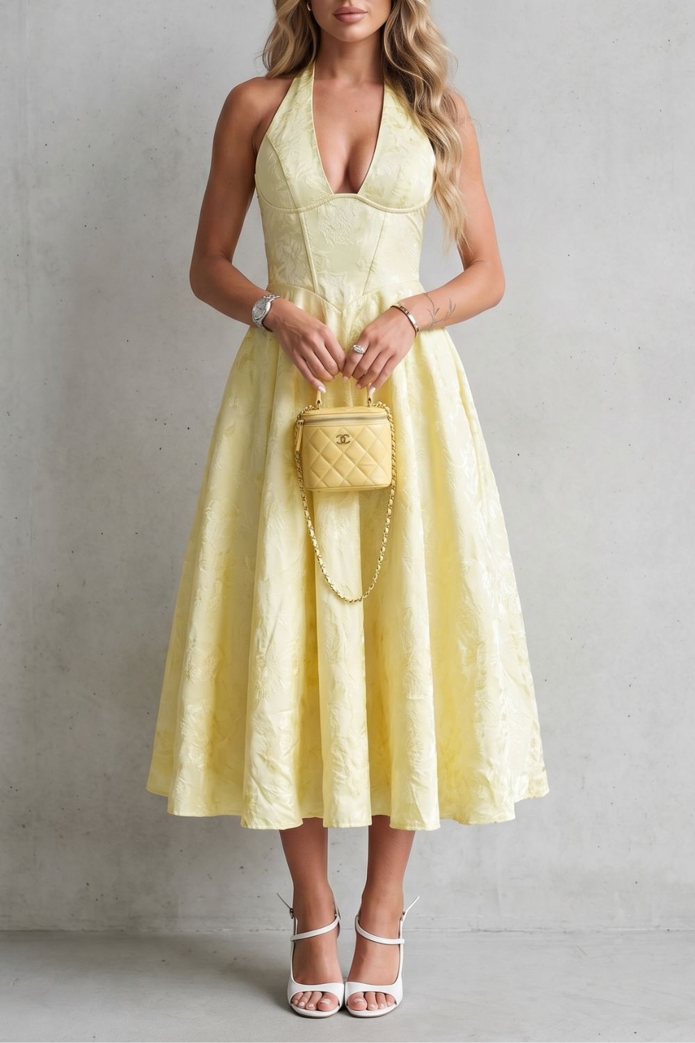Winifred Green | Butter Yellow Jacquard Halter Midi Dress