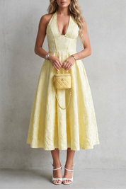 Winifred Green | Butter Yellow Jacquard Halter Midi Dress