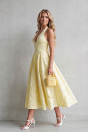 Winifred Green | Butter Yellow Jacquard Halter Midi Dress