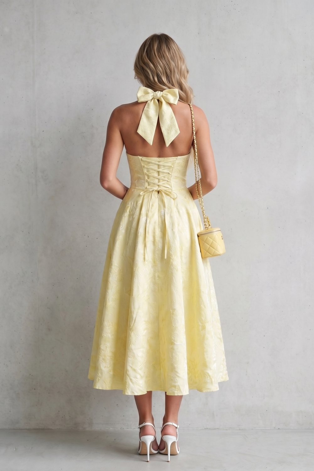 Winifred Green | Butter Yellow Jacquard Halter Midi Dress