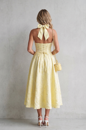 Winifred Green | Butter Yellow Jacquard Halter Midi Dress