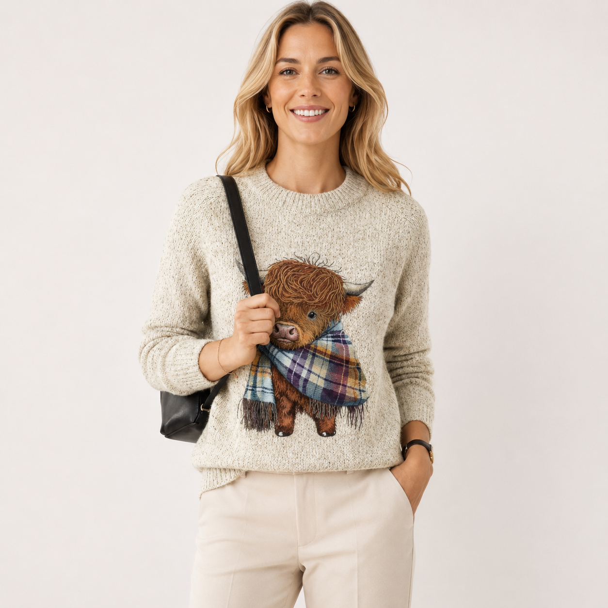 Rosamund Hartley | Pull en grosse maille à imprimé vache des Highlands