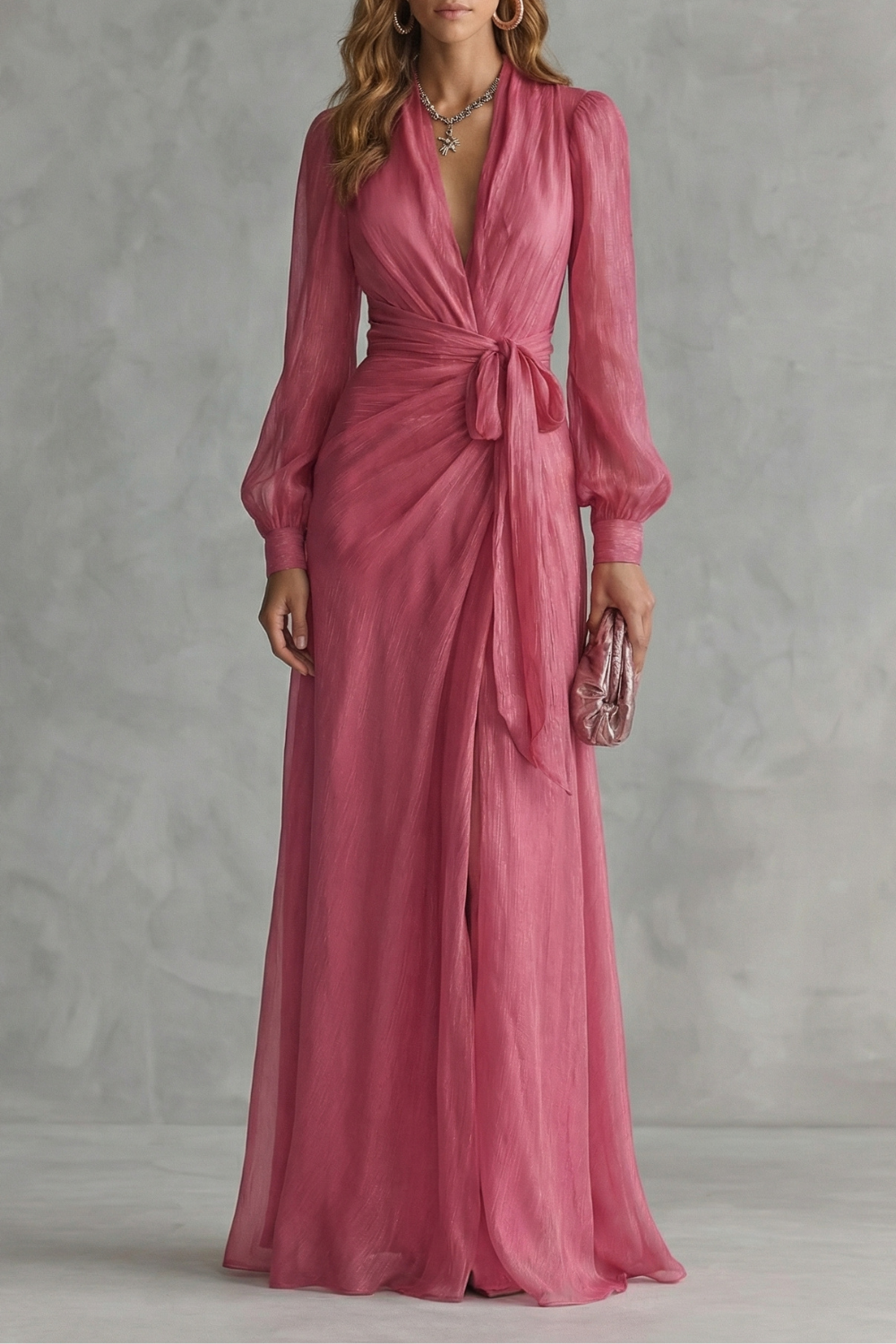 Diana Evans | Deep V-Neck Chiffon Maxi Dress in Dusky Rose