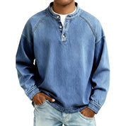 Harriet Woods | Sweat-shirt en denim délavé à col Henley et patte de boutonnage