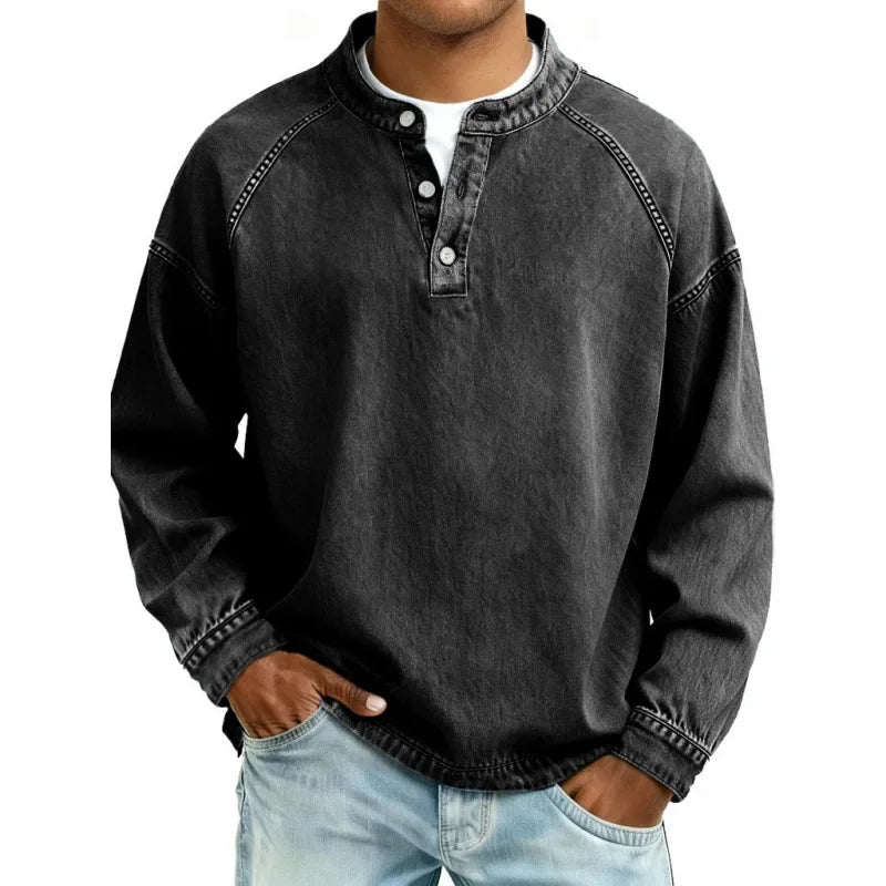Harriet Woods | Sweat-shirt en denim délavé à col Henley et patte de boutonnage