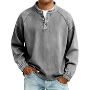 Harriet Woods | Sweat-shirt en denim délavé à col Henley et patte de boutonnage