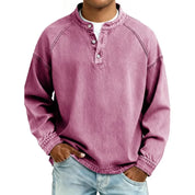 Harriet Woods | Sweat-shirt en denim délavé à col Henley et patte de boutonnage