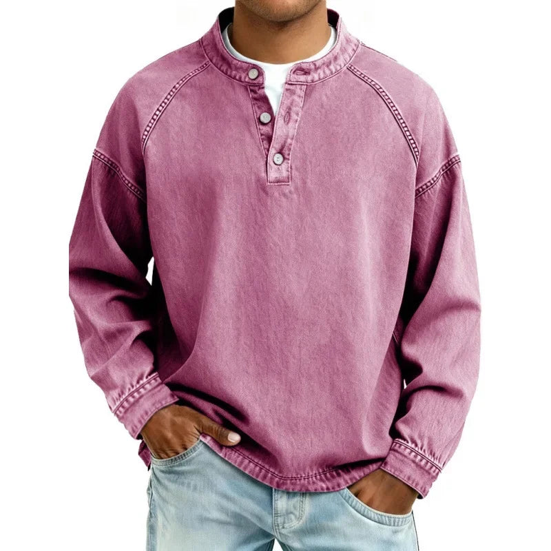 Harriet Woods | Sweat-shirt en denim délavé à col Henley et patte de boutonnage
