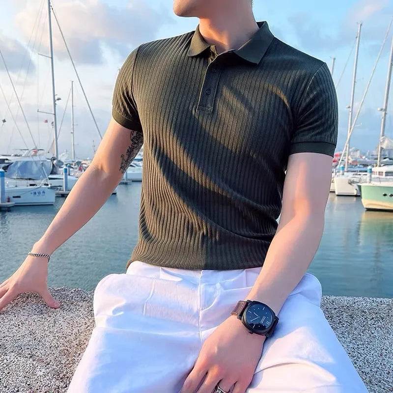 Adriano Bellucci | Ribbed Knit Polo Shirt For Men