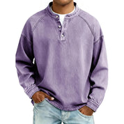 Harriet Woods | Sweat-shirt en denim délavé à col Henley et patte de boutonnage