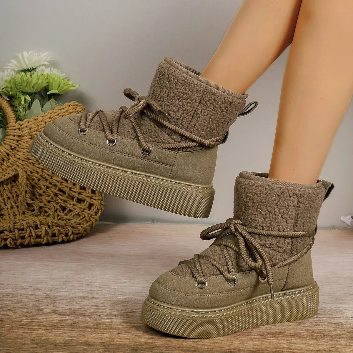 Eleanor Thompson | Sherpa Lace-Up Platform Ankle Boots