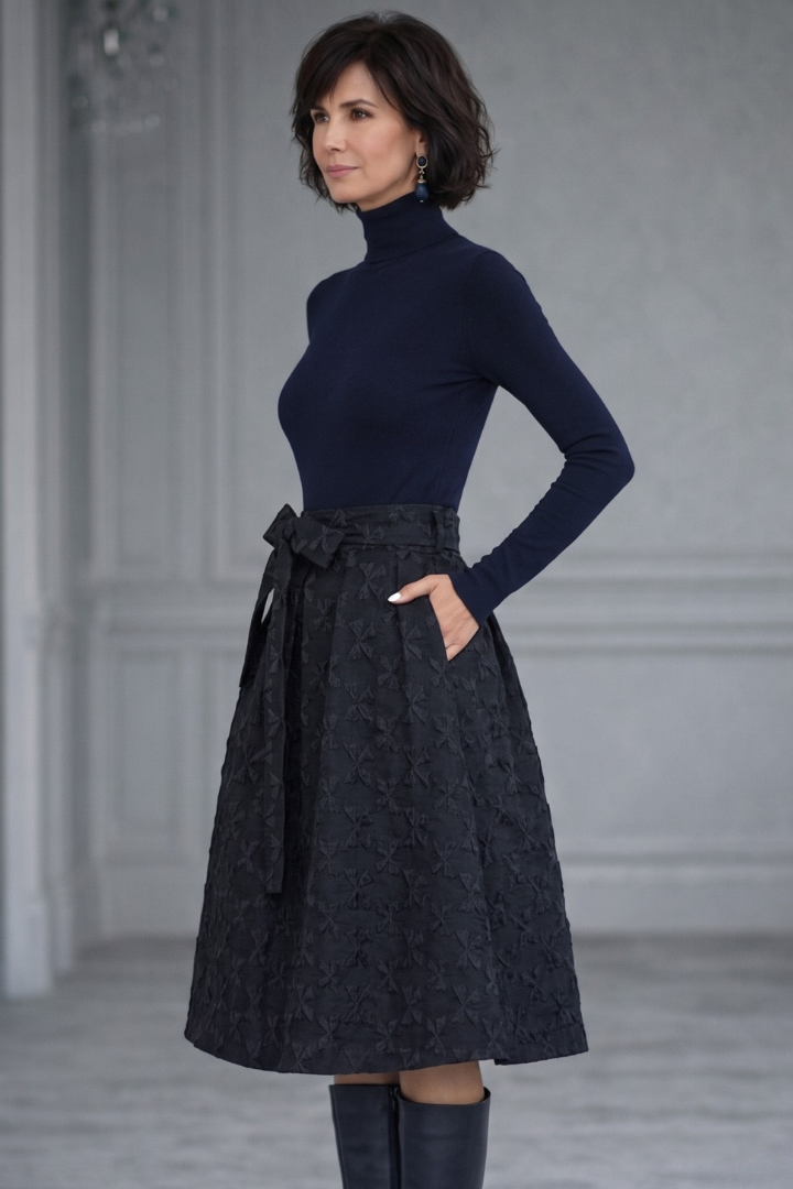 Florence Turner | Black Jacquard Midi Skirt & Turtleneck Knit Set