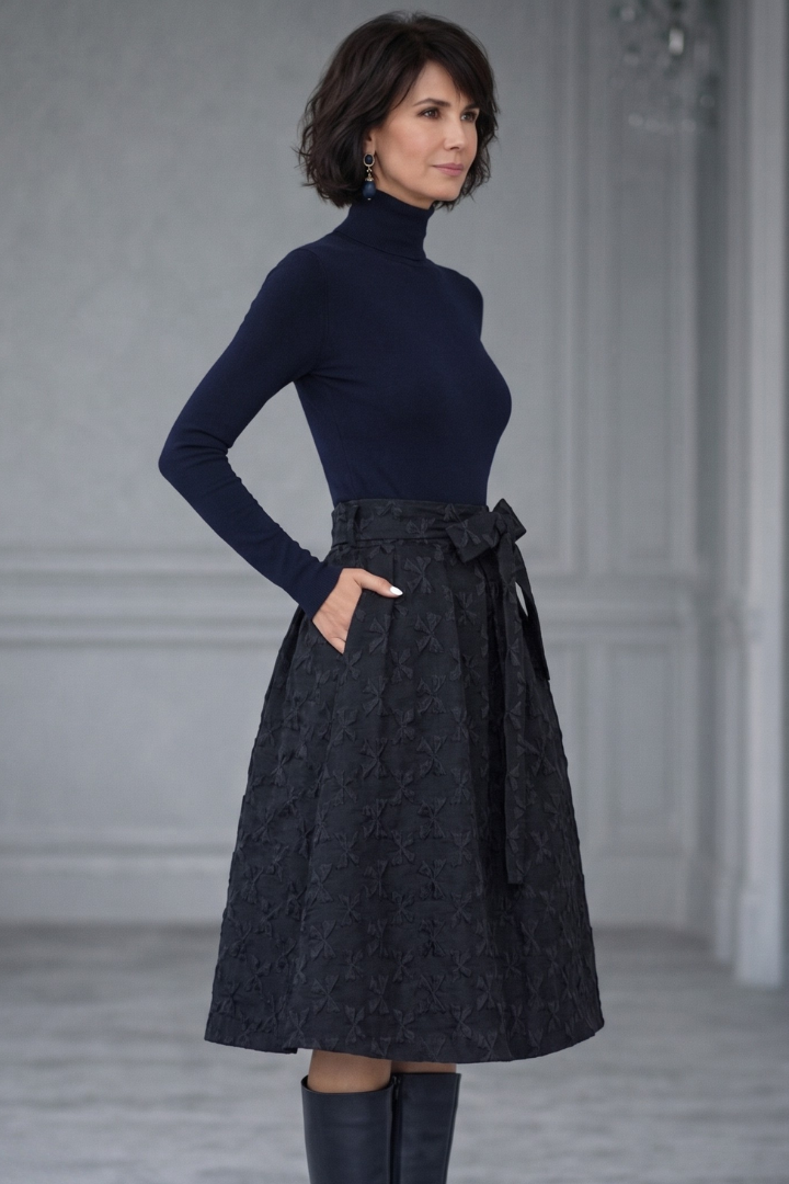 Florence Turner | Black Jacquard Midi Skirt & Turtleneck Knit Set