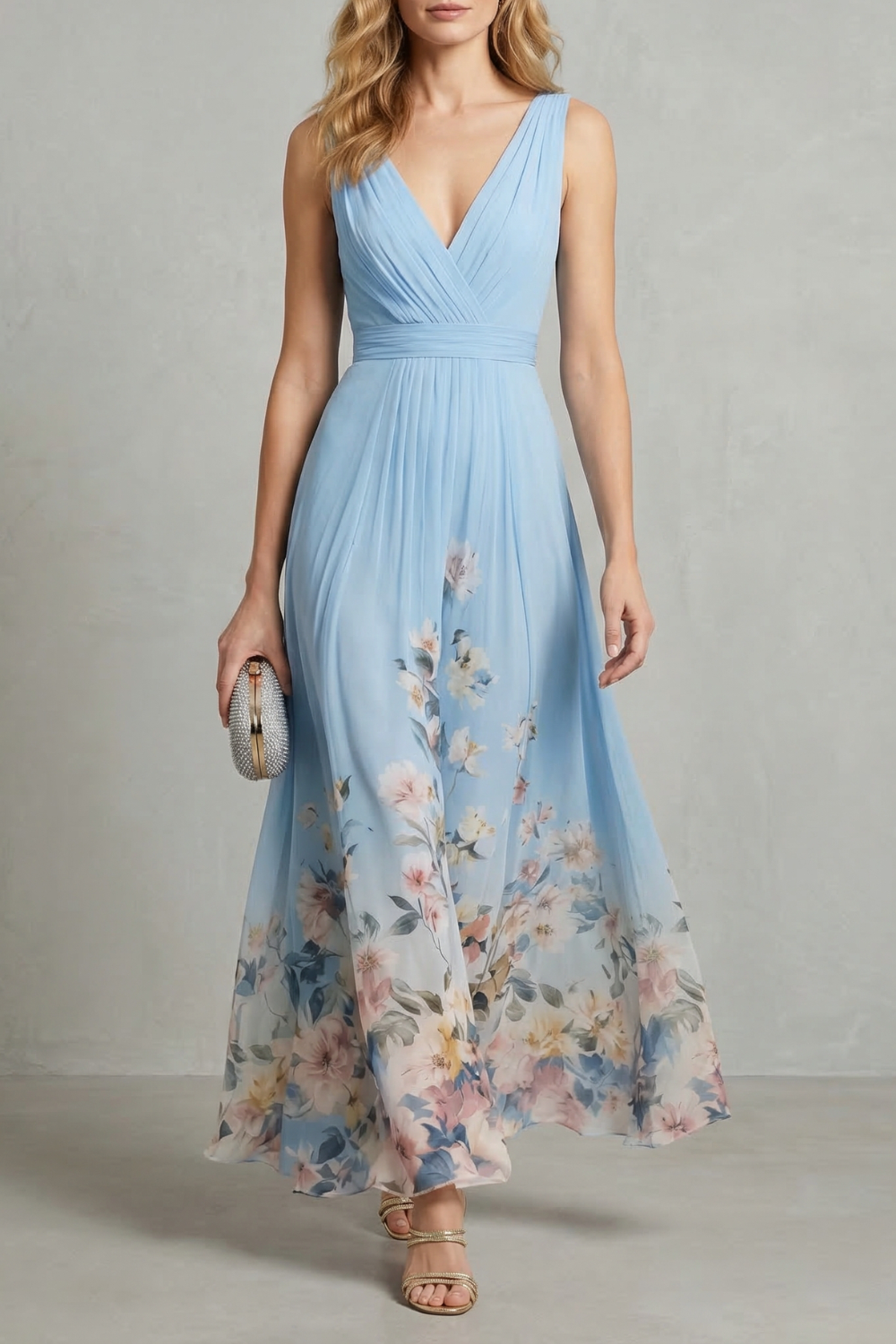 Phoebe Thornton | Floral Border Maxi Dress in Sky Blue