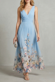 Phoebe Thornton | Floral Border Maxi Dress in Sky Blue
