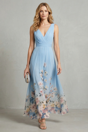 Phoebe Thornton | Floral Border Maxi Dress in Sky Blue