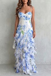 Cordelia Thornton | Blue Floral Ruffle Maxi Dress with Sweetheart Bodice