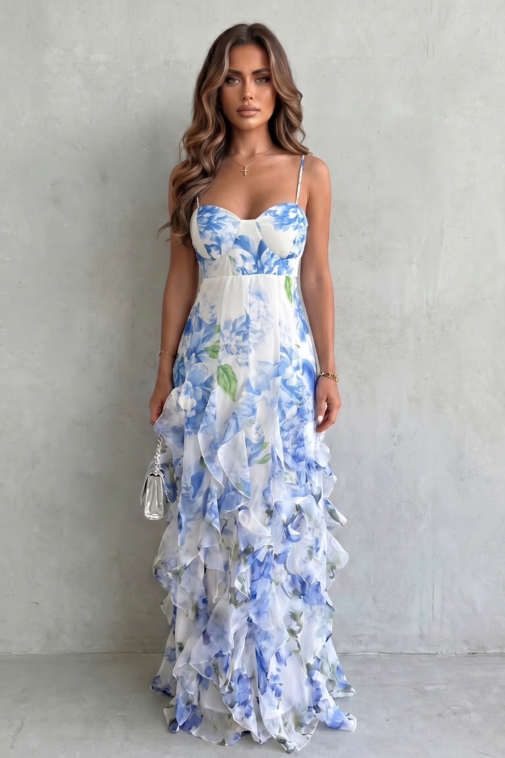 Cordelia Thornton | Blue Floral Ruffle Maxi Dress with Sweetheart Bodice