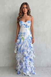Cordelia Thornton | Blue Floral Ruffle Maxi Dress with Sweetheart Bodice