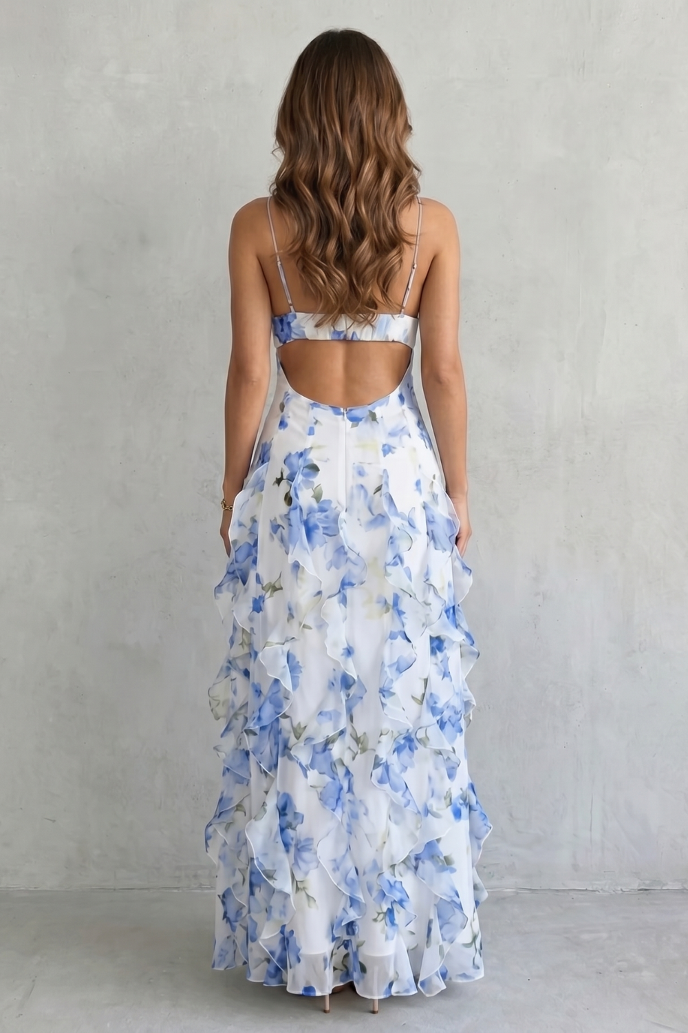 Cordelia Thornton | Blue Floral Ruffle Maxi Dress with Sweetheart Bodice