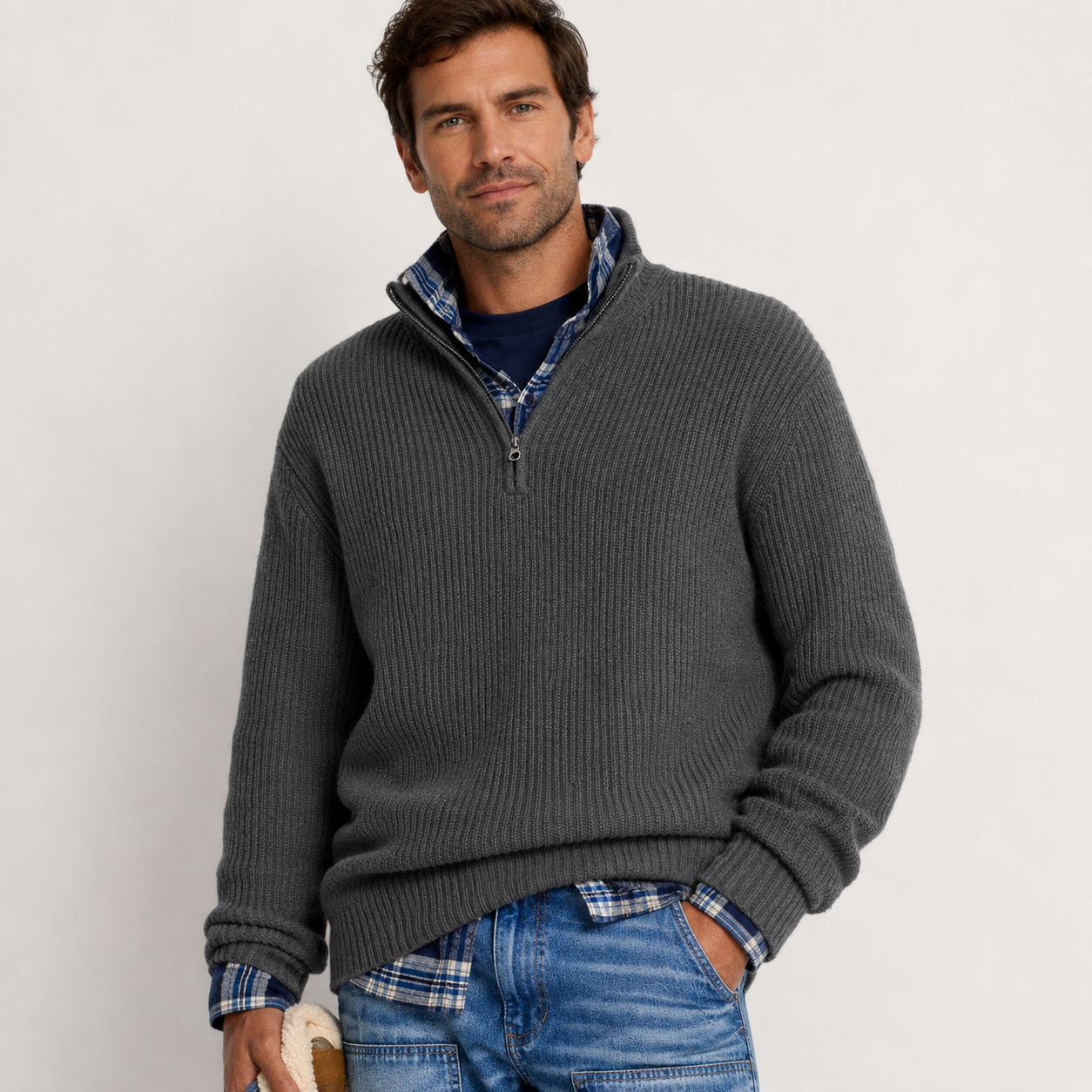 Tobias Griffiths | Ribbed Knit Half-Zip Sweater in Charcoal Grey