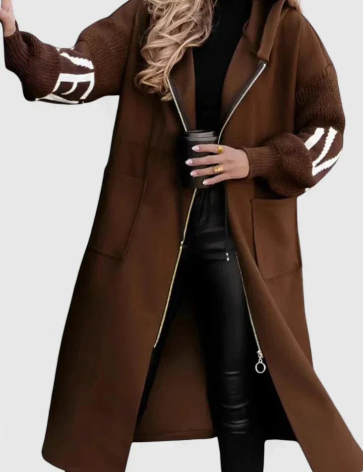 Charlotte Pennington | Long Hooded Coat With Contrast Knit Sleeves