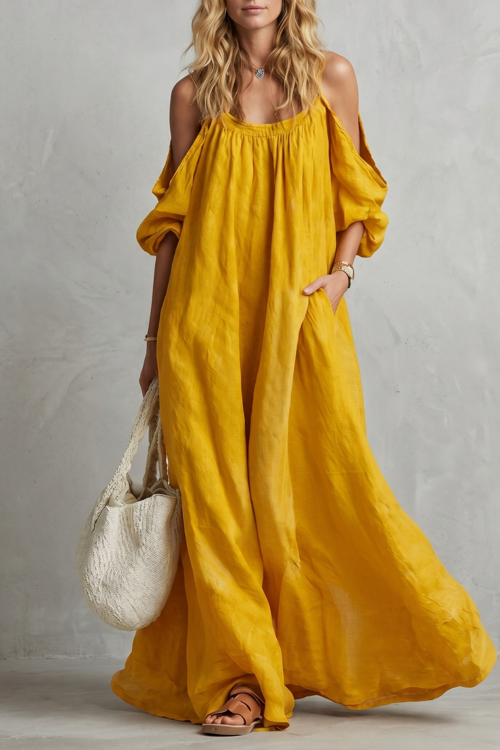 Tabitha Wells | Cold-Shoulder Linen Maxi Dress in Mustard Yellow