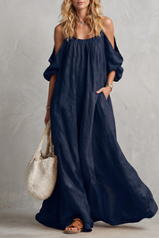 Tabitha Wells | Cold-Shoulder Linen Maxi Dress in Mustard Yellow