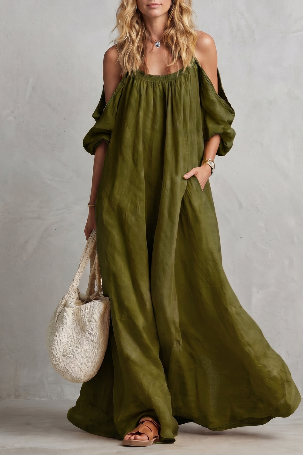Tabitha Wells | Cold-Shoulder Linen Maxi Dress in Mustard Yellow