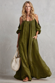 Tabitha Wells | Cold-Shoulder Linen Maxi Dress in Mustard Yellow