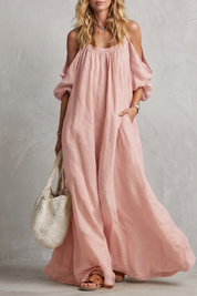Tabitha Wells | Cold-Shoulder Linen Maxi Dress in Mustard Yellow
