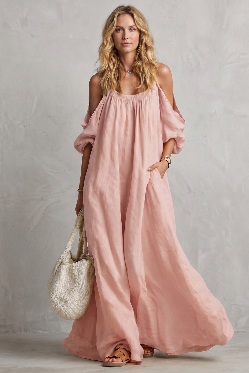 Tabitha Wells | Cold-Shoulder Linen Maxi Dress in Mustard Yellow