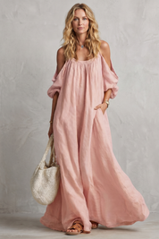 Tabitha Wells | Cold-Shoulder Linen Maxi Dress in Mustard Yellow