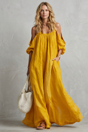 Tabitha Wells | Cold-Shoulder Linen Maxi Dress in Mustard Yellow