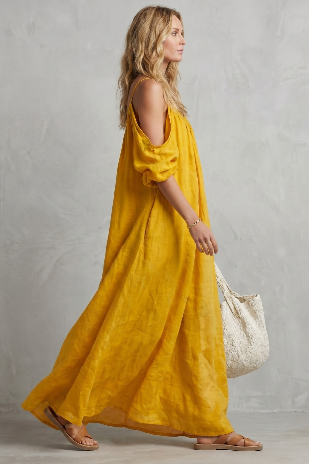 Tabitha Wells | Cold-Shoulder Linen Maxi Dress in Mustard Yellow