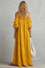 Tabitha Wells | Cold-Shoulder Linen Maxi Dress in Mustard Yellow