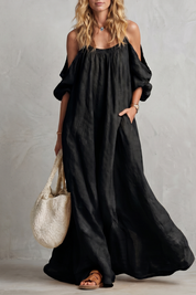 Tabitha Wells | Cold-Shoulder Linen Maxi Dress in Mustard Yellow