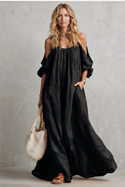 Tabitha Wells | Cold-Shoulder Linen Maxi Dress in Mustard Yellow
