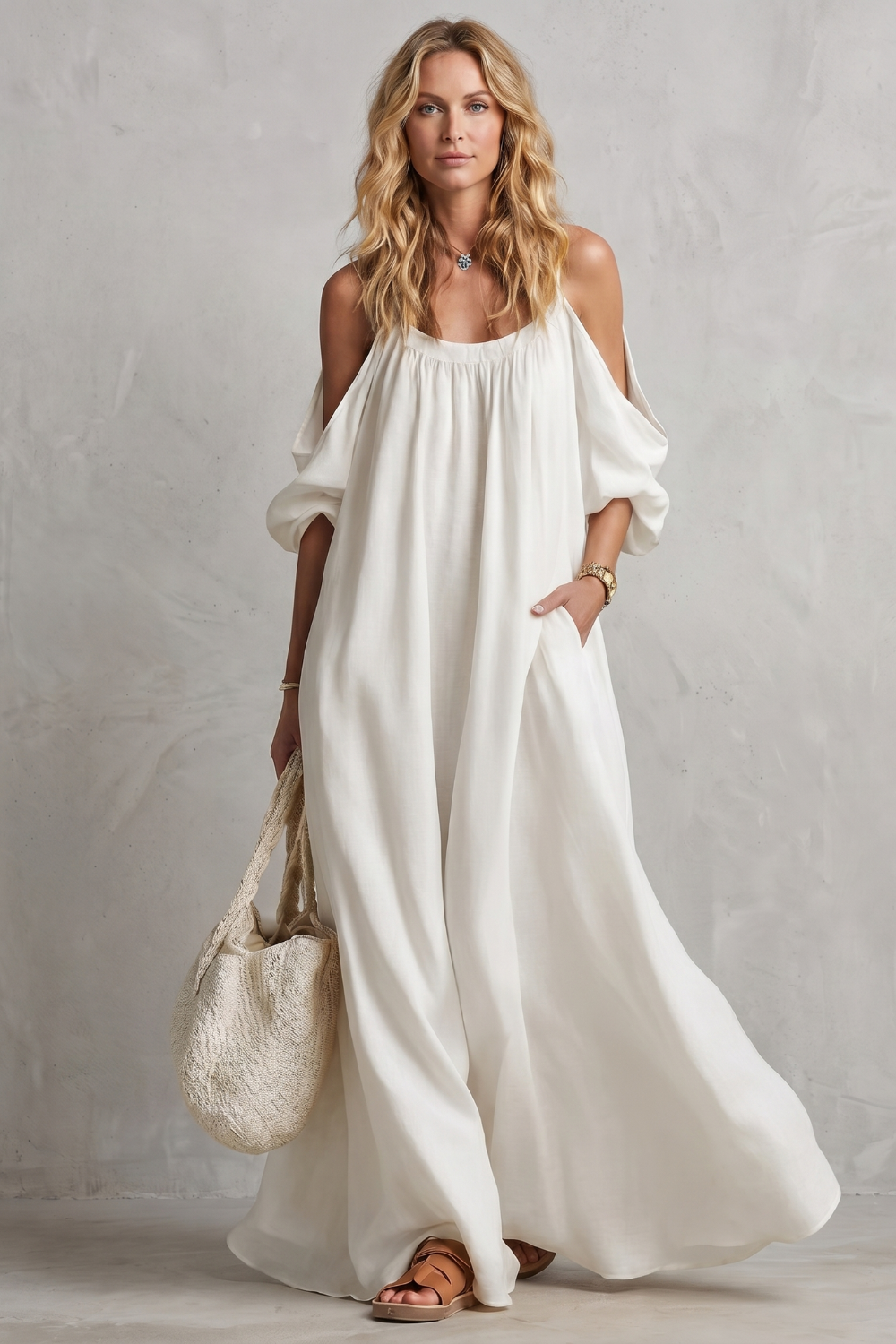 Tabitha Wells | Cold-Shoulder Linen Maxi Dress in Mustard Yellow