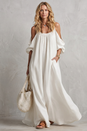 Tabitha Wells | Cold-Shoulder Linen Maxi Dress in Mustard Yellow