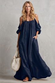 Tabitha Wells | Cold-Shoulder Linen Maxi Dress in Mustard Yellow