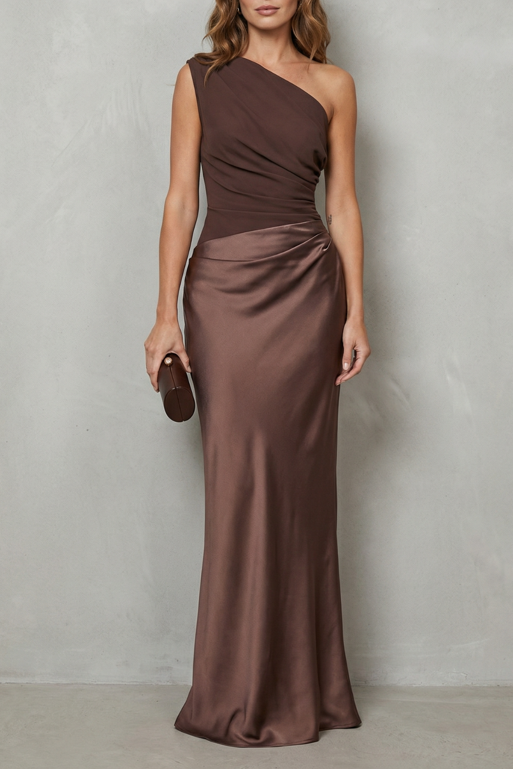 Penelope Scott | One-Shoulder Satin Maxi Dress in Chocolate Brown